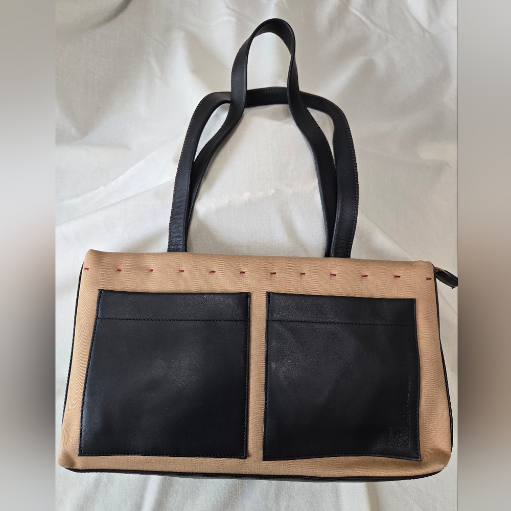 Anne Klein Black and Tan with Red Stitch Accent Tote Bag
